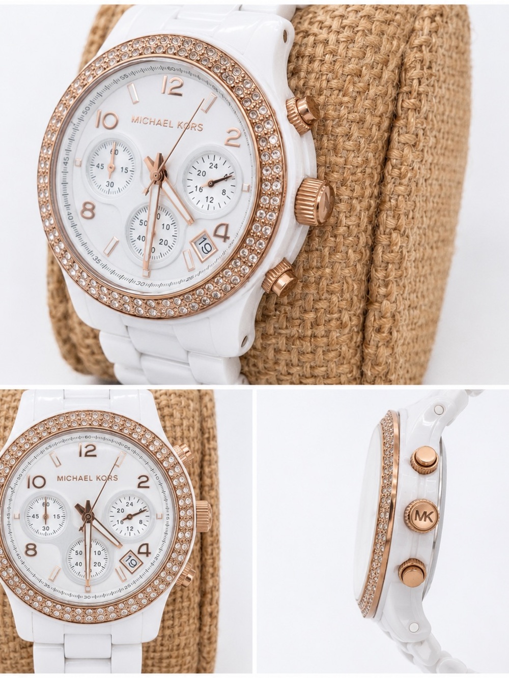 Michael Kors White and Rose Gold Crystal-Trim Chronograph Watch